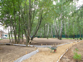 Дорога отделяет лесную часть сада от парадной, примыкающей к дому. На фотографии показан процесс подготовки почвы под устройство партерного газона: выравнивание плодородного грунта, прикатывание.