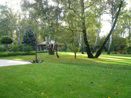 Вид на лесную часть сада от дома в сторону беседки с барбекю после завершения работ по благоустройству и озеленению.